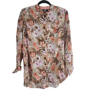 Lands End Linen Button Front Top S Womens Tropical Floral Long Sleeve Multicolor